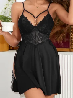 Clearance Retro Stage 1950s Solid Lace Deep V-Neck Nightdress Black