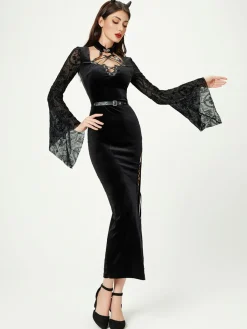 Fashion Retro Stage 1960s Solid Lace Flare Wrap Dress Black