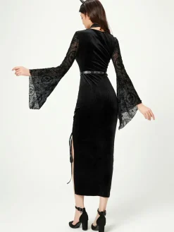 Fashion Retro Stage 1960s Solid Lace Flare Wrap Dress Black