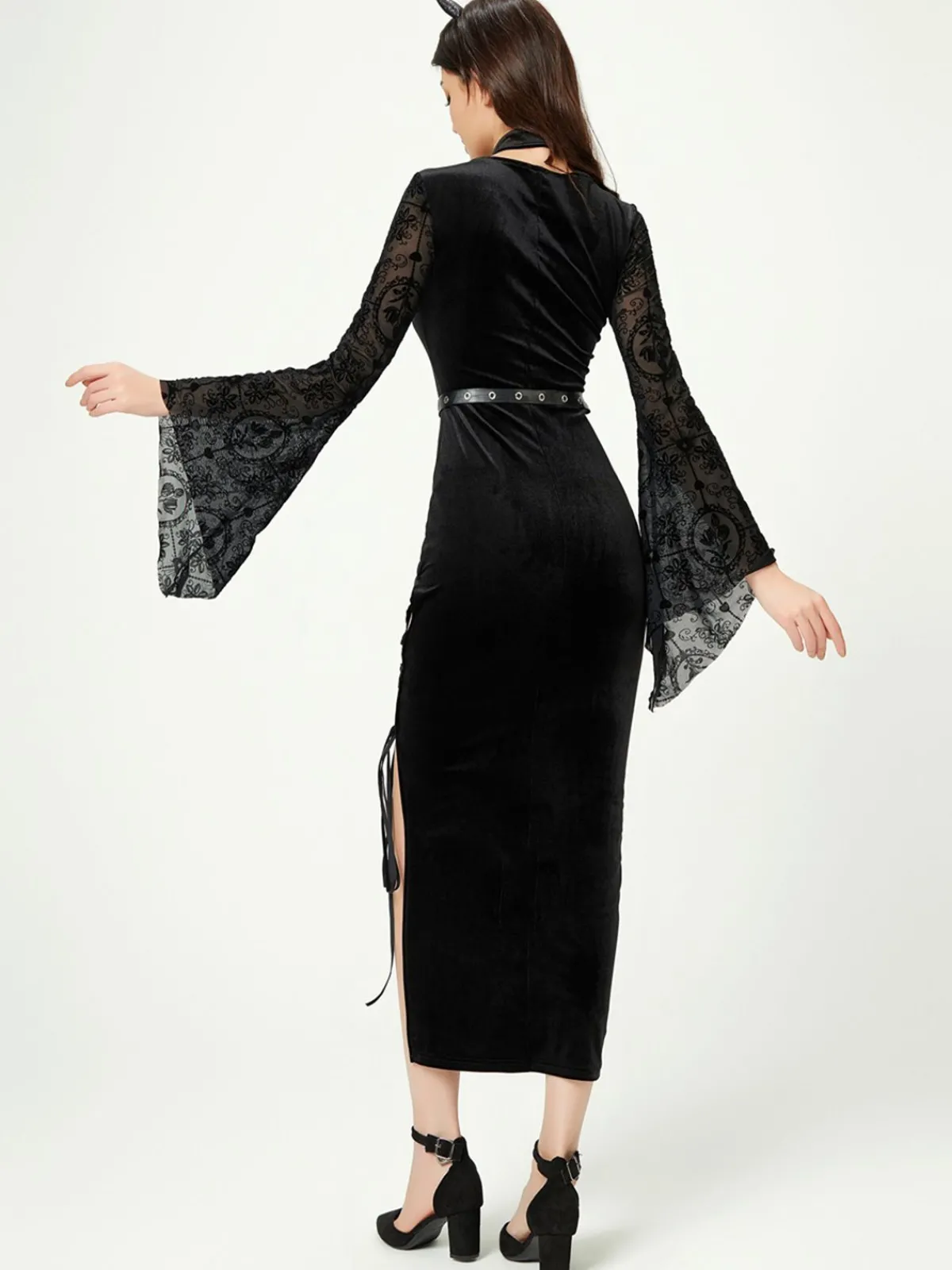 Fashion Retro Stage 1960s Solid Lace Flare Wrap Dress Black