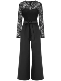 Fashion Retro Stage 1940s Solid Lace Patchwork Jumpsuit Black