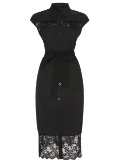 Best Retro Stage 1940s Solid Lace Shirt Collar Belted Dress Black