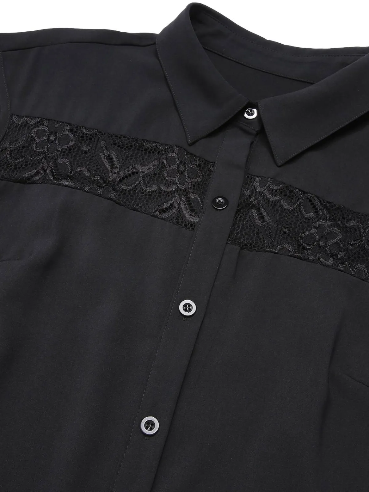 Best Retro Stage 1940s Solid Lace Shirt Collar Belted Dress Black