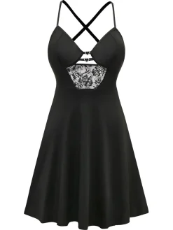 Hot Retro Stage 1950s Solid Lace Strappy Nightdress Black