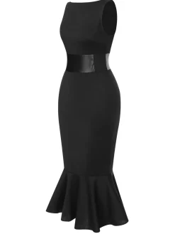 Fashion Retro Stage 1930s Solid Leather Patchwork Fishtail Dress Black