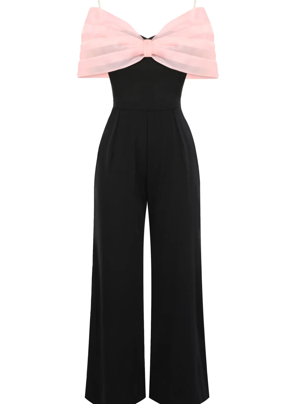Fashion Retro Stage 1930s Solid Mesh Bow Jumpsuit Black