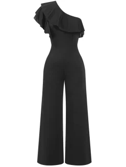 Discount Retro Stage 1940s Solid One Shoulder Jumpsuit Black