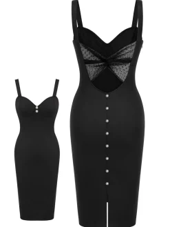 Online Retro Stage 1960s Solid Pearl Buttons Suspender Dress Black
