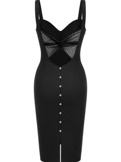 Online Retro Stage 1960s Solid Pearl Buttons Suspender Dress Black