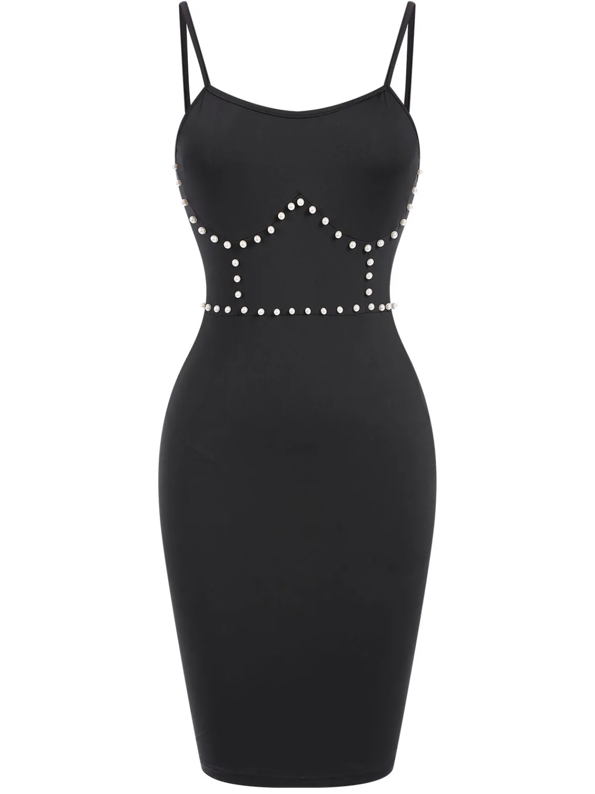New Retro Stage 1960s Solid Pearl Spaghetti Straps Dress Black