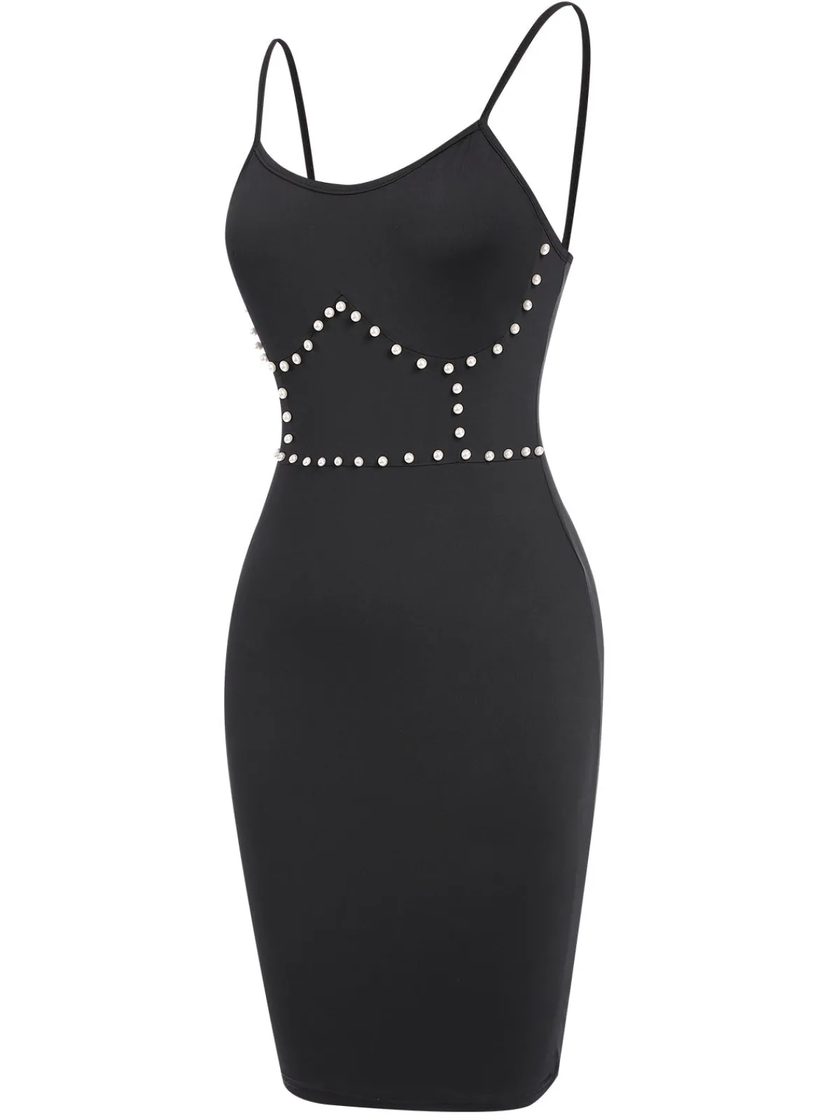 New Retro Stage 1960s Solid Pearl Spaghetti Straps Dress Black