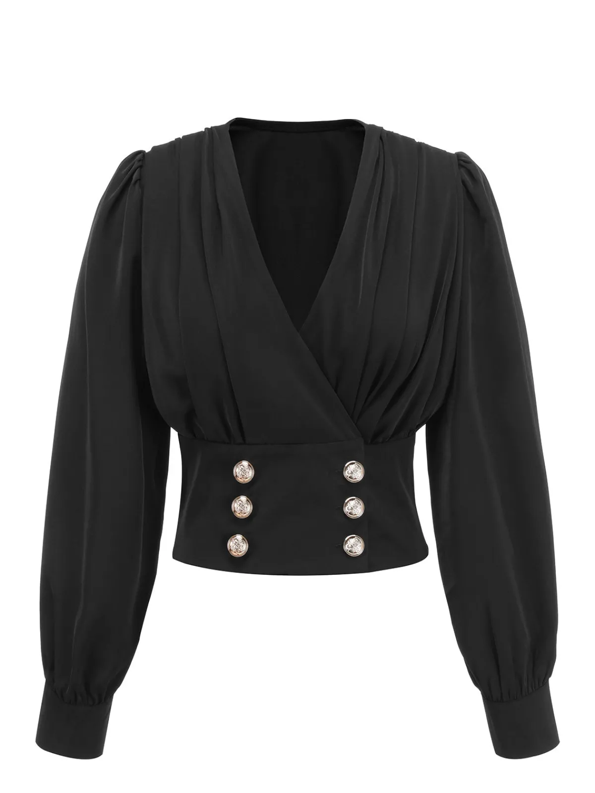 Clearance Retro Stage 1950s Solid Puff Sleeves V-Neck Blouse Black
