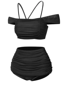 Sale Retro Stage 1930s Solid Ruched Off-Shoulder Halter Swimsuit Black