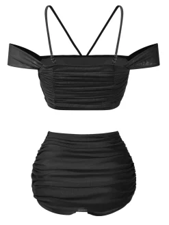 Sale Retro Stage 1930s Solid Ruched Off-Shoulder Halter Swimsuit Black
