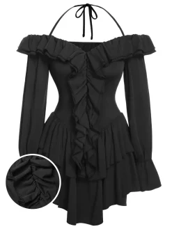 Clearance Retro Stage 1950s Solid Ruffle Off-Shoulder Romper Black