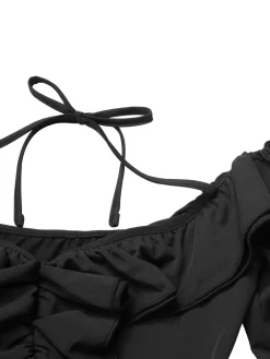 Clearance Retro Stage 1950s Solid Ruffle Off-Shoulder Romper Black