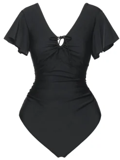 Best Retro Stage 1940s Solid Ruffle Sleeves One-Piece Swimsuit Black