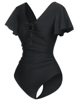 Best Retro Stage 1940s Solid Ruffle Sleeves One-Piece Swimsuit Black