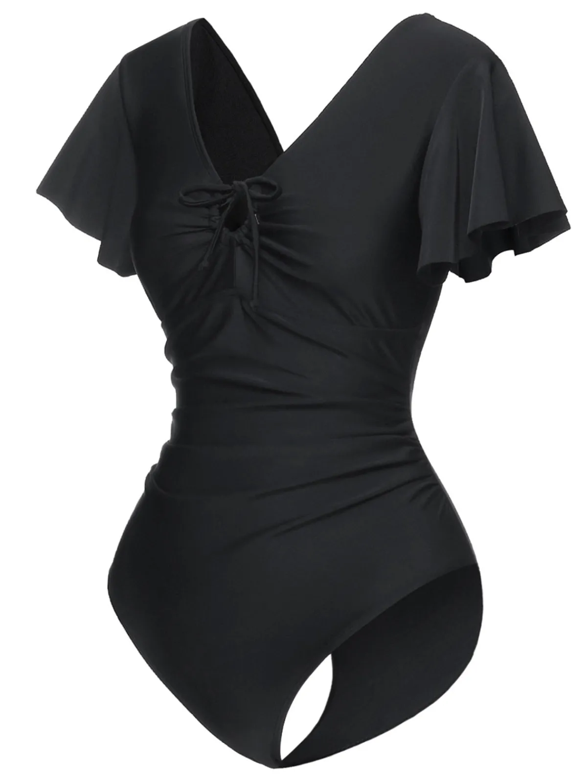 Best Retro Stage 1940s Solid Ruffle Sleeves One-Piece Swimsuit Black