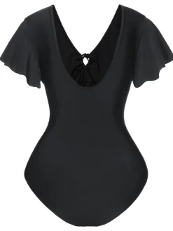 Best Retro Stage 1940s Solid Ruffle Sleeves One-Piece Swimsuit Black