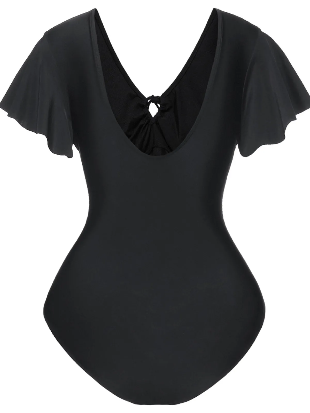 Best Retro Stage 1940s Solid Ruffle Sleeves One-Piece Swimsuit Black