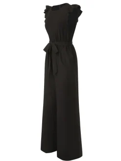Sale Retro Stage 1930s Solid Ruffle Sleeves Belted Jumpsuit Black