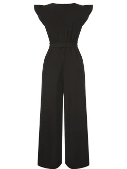 Sale Retro Stage 1930s Solid Ruffle Sleeves Belted Jumpsuit Black