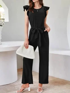 Sale Retro Stage 1930s Solid Ruffle Sleeves Belted Jumpsuit Black
