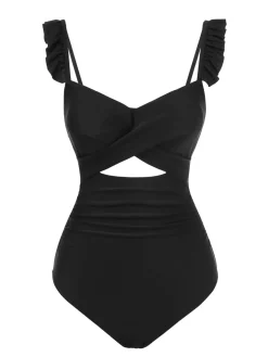Discount Retro Stage 1950s Solid Ruffled Strap Swimsuit Black
