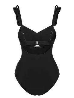 Discount Retro Stage 1950s Solid Ruffled Strap Swimsuit Black