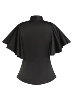 Online Retro Stage 1950s Solid Ruffled-Sleeve Blouse Black