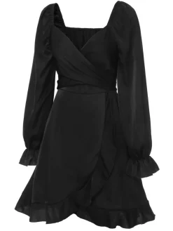 Hot Retro Stage 1950s Solid Ruffles V-Neck Dress Black