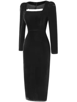 Online Retro Stage 1960s Solid Square Neck Velvet Dress Black