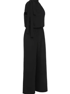 Clearance Retro Stage 1930s Solid Stand Collar Tie-Up Jumpsuit Black