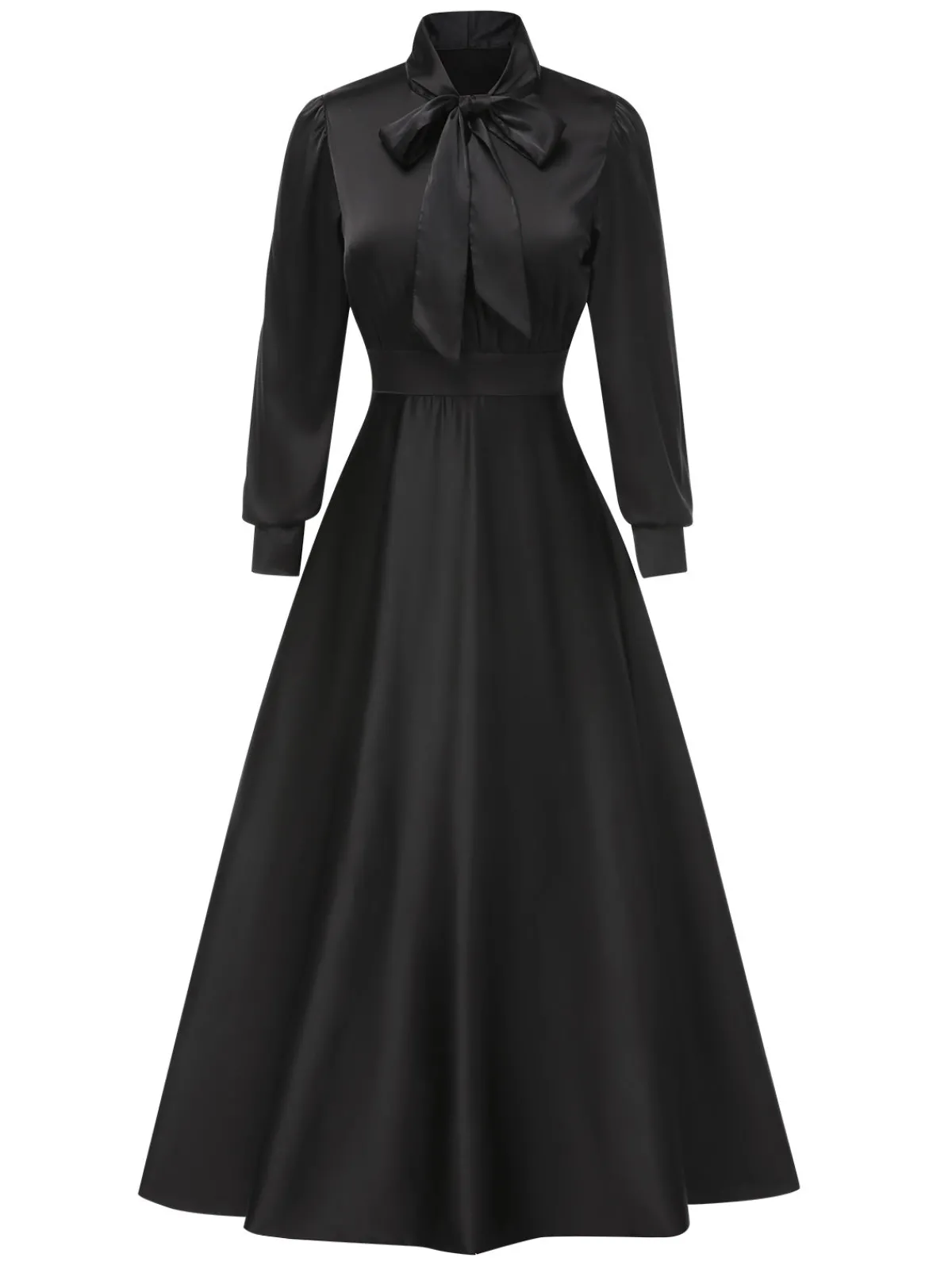 Sale Retro Stage 1950s Solid Tie-Neck Bishop Sleeves Satin Dress Black