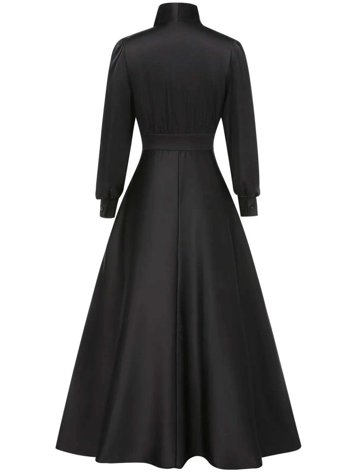Sale Retro Stage 1950s Solid Tie-Neck Bishop Sleeves Satin Dress Black