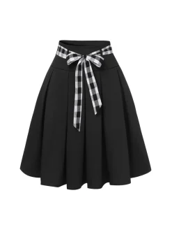 Hot Retro Stage 1950s Solid Umbrella Skirt with Belt Black