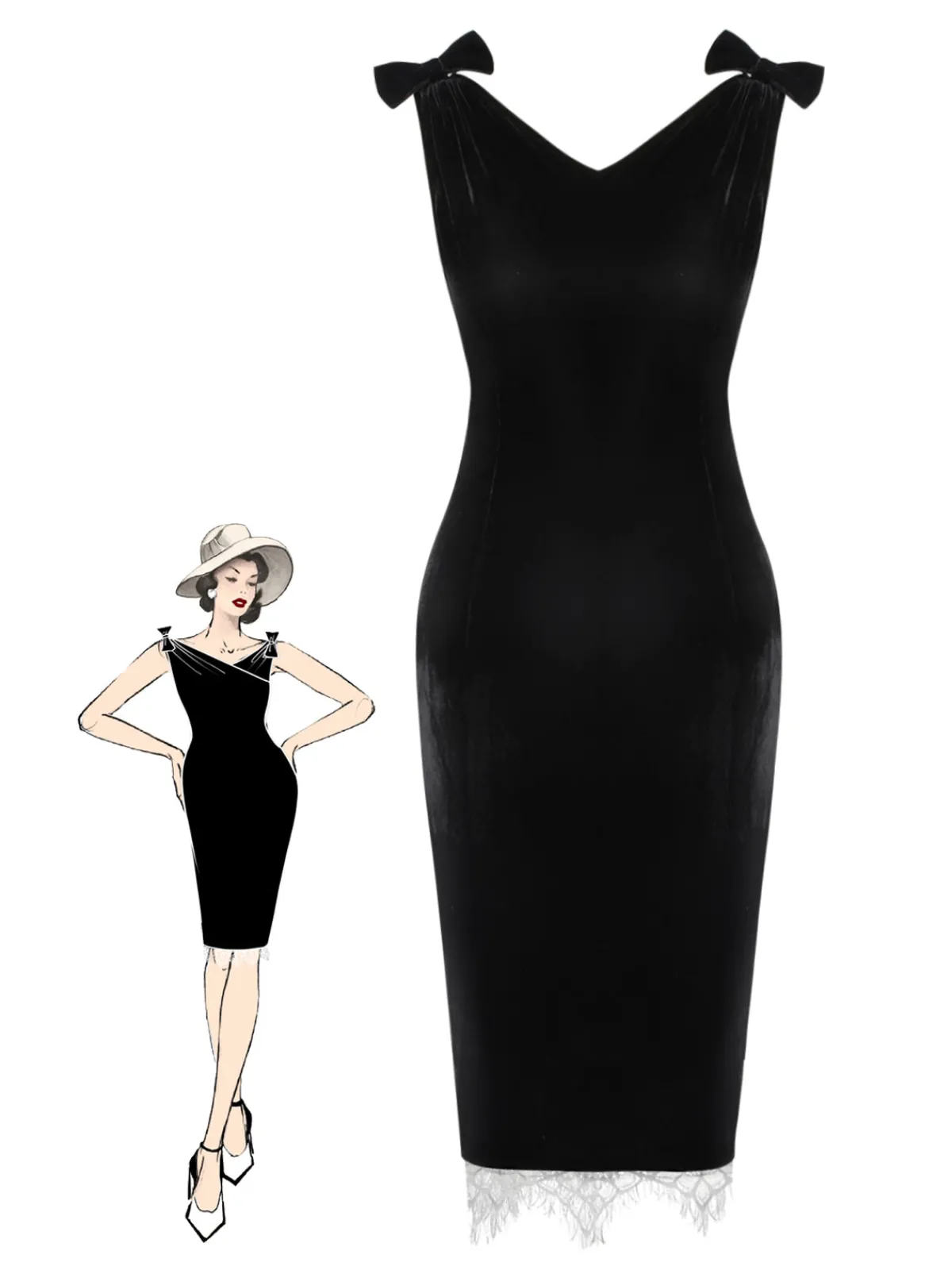 New Retro Stage 1960s Solid Velvet Bow Dress Black