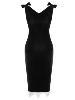 New Retro Stage 1960s Solid Velvet Bow Dress Black