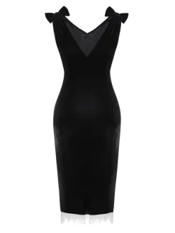 New Retro Stage 1960s Solid Velvet Bow Dress Black