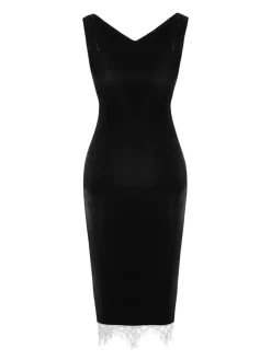 New Retro Stage 1960s Solid Velvet Bow Dress Black