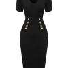 New Retro Stage Black 1960s Solid V-Neck Buttons Dress