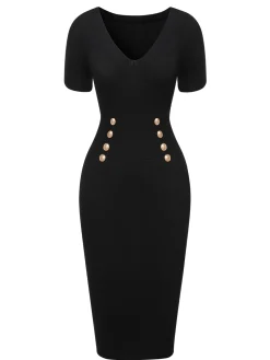 New Retro Stage Black 1960s Solid V-Neck Buttons Dress