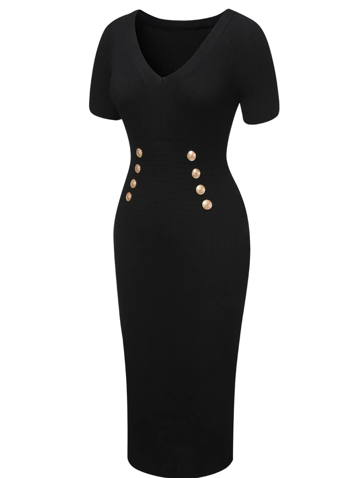 New Retro Stage Black 1960s Solid V-Neck Buttons Dress