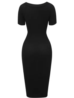 New Retro Stage Black 1960s Solid V-Neck Buttons Dress