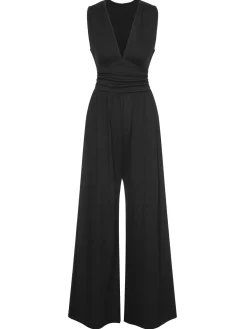 Fashion Retro Stage 1940s Solid V-Neck Jumpsuit Black