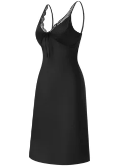 New Retro Stage Black 1950s Solid V-Neck Lace Nightgown