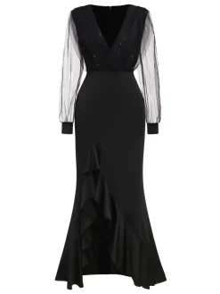 Best Retro Stage 1930s Solid V-Neck Sequined Irregular Hem Dress Black