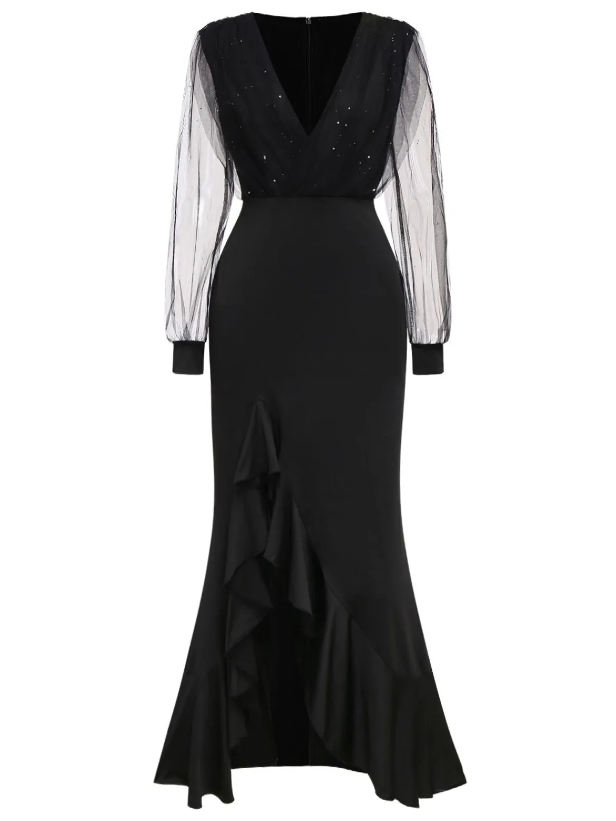 Best Retro Stage 1930s Solid V-Neck Sequined Irregular Hem Dress Black