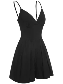 Clearance Retro Stage 1950s Solid V-Neck Spaghetti Straps Romper Black